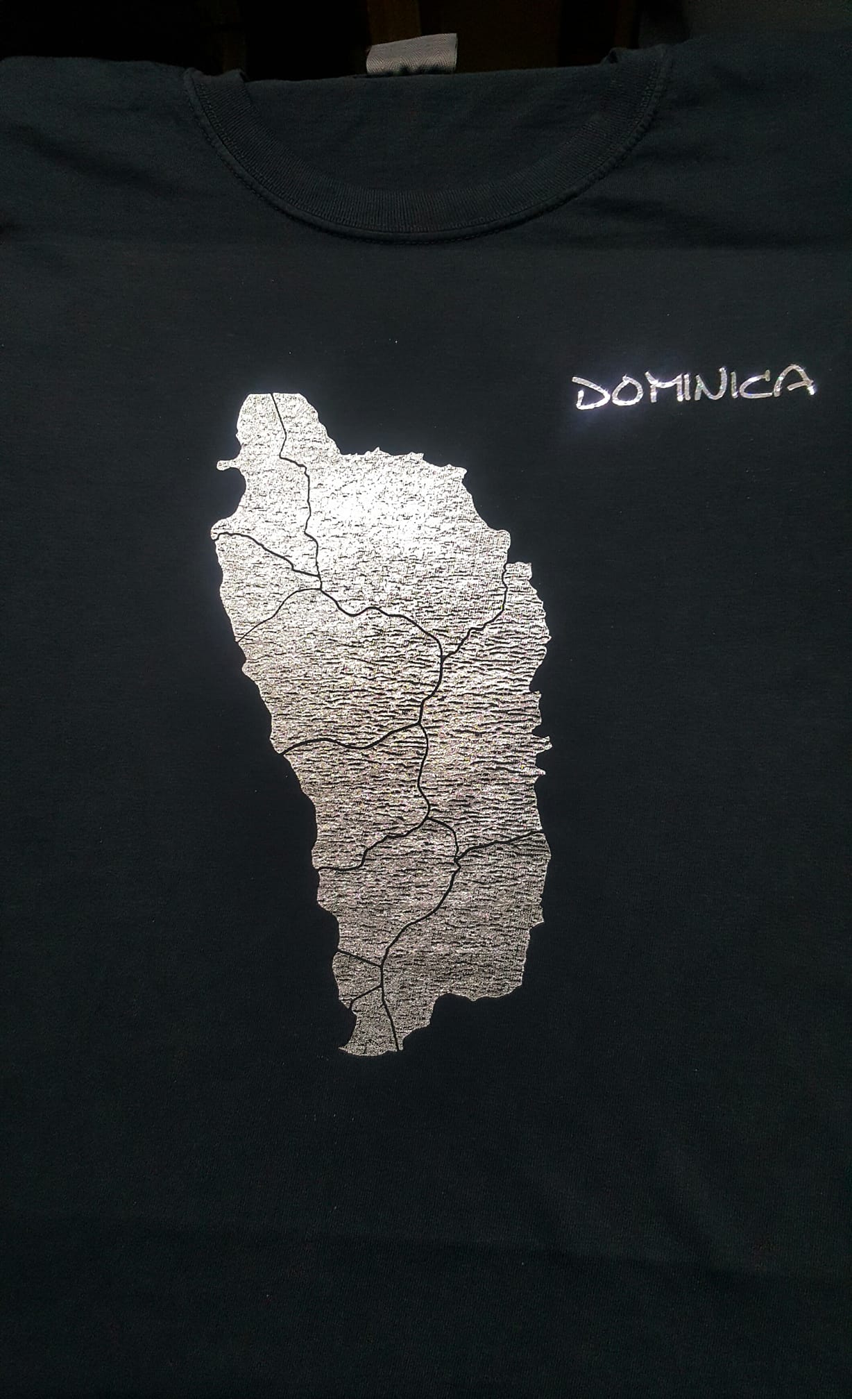 Black Dominica T-Shirt with Silver Map/Parishes